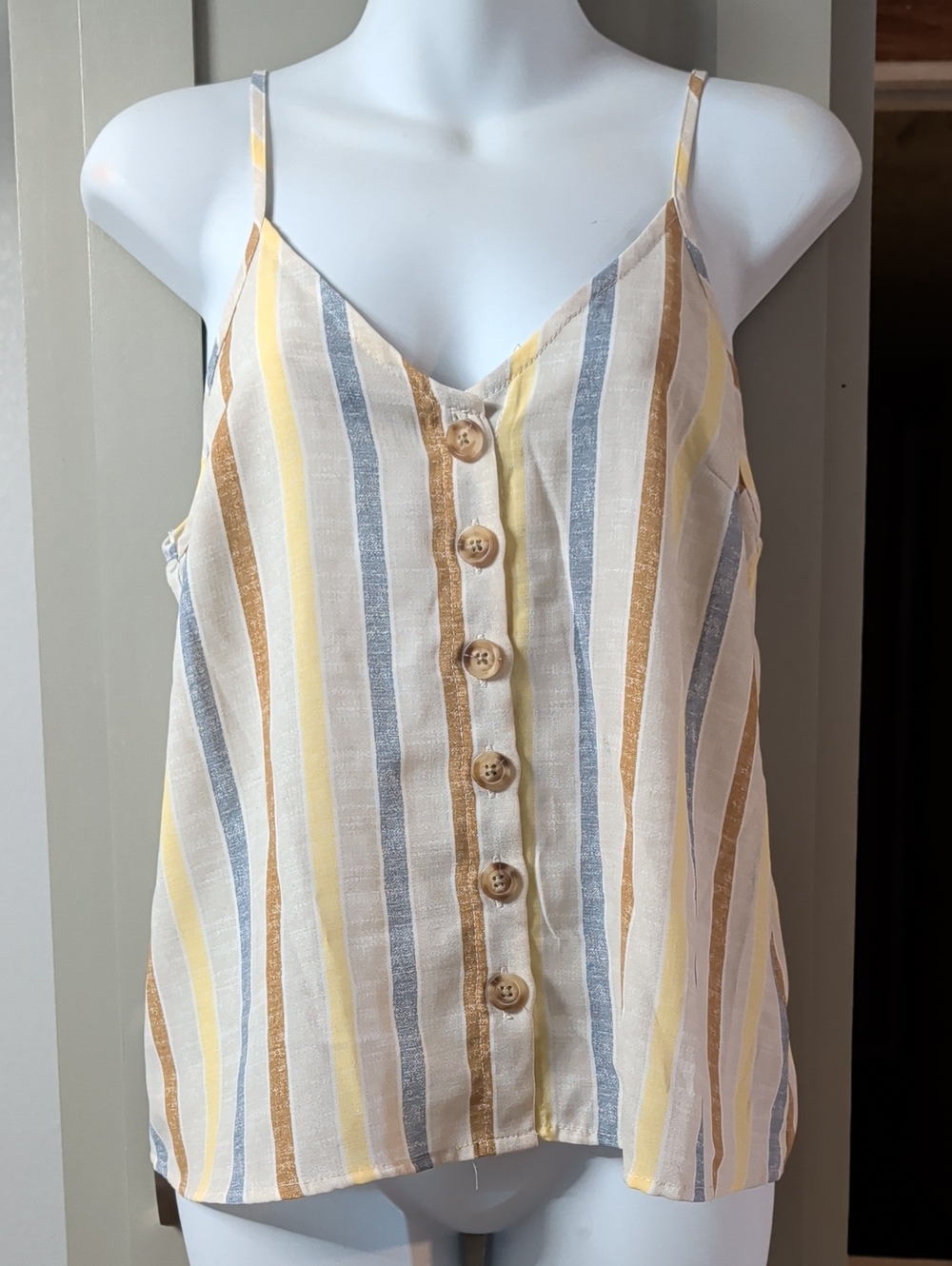 Paper Crane Striped Linen Blend Tank in Yellow, Blue, Tan